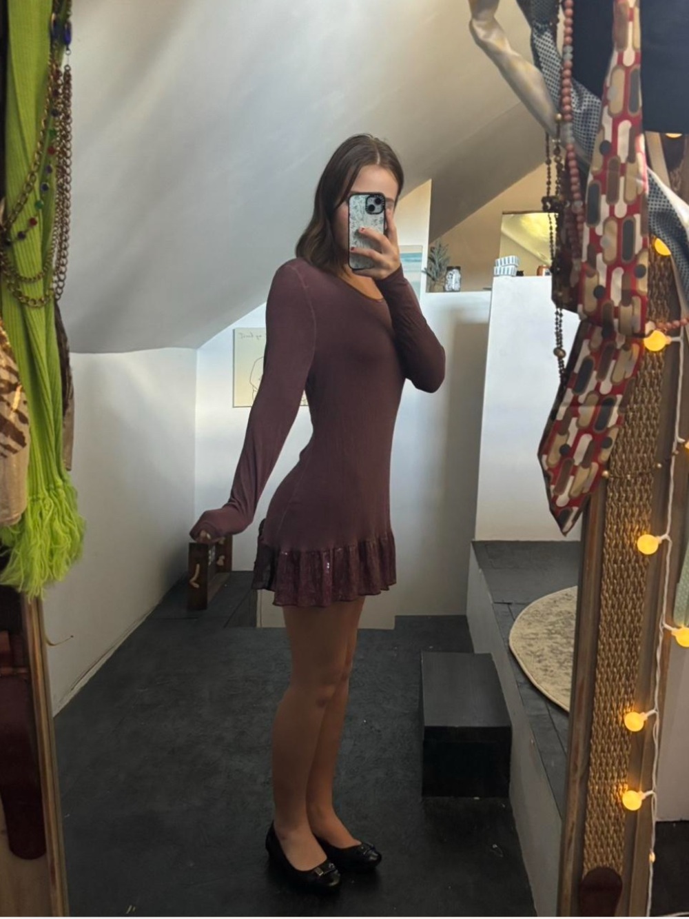 Long-Sleeve Ruffle Hem Mini Dress in Plum